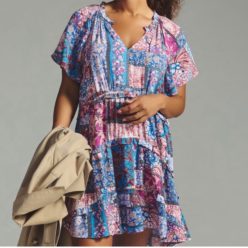 NWT $138 Sz PM Anthropologie Robin Tiered Pink Blue Floral Mini Dress